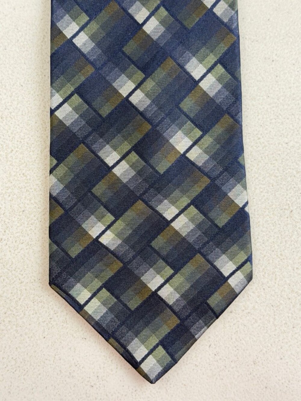 Vintage Plaid Silk Jacquard Tie 90s Dark Blue/Green/Silver Checkered Necktie